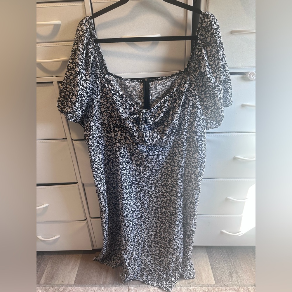 Floral Black and White milkmaid dress with slit